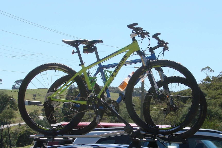 Mountain bikes on a roof rack at Derby's mountain bike trails