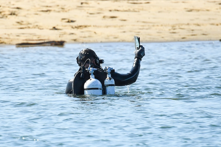 A diver at a beach holding up something. 