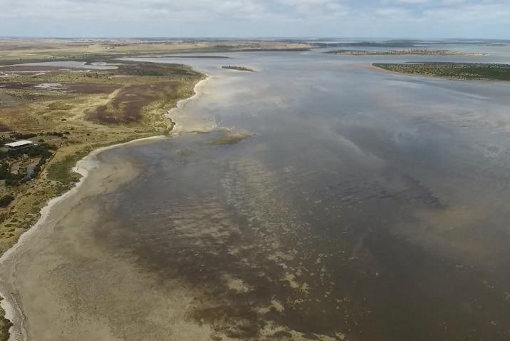 A drone image of the Coorong in South Australia showing the land, sky and the water.