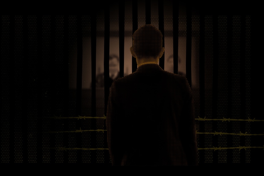 A digitally generated image of a man in a suit standing in front of jail bars. 