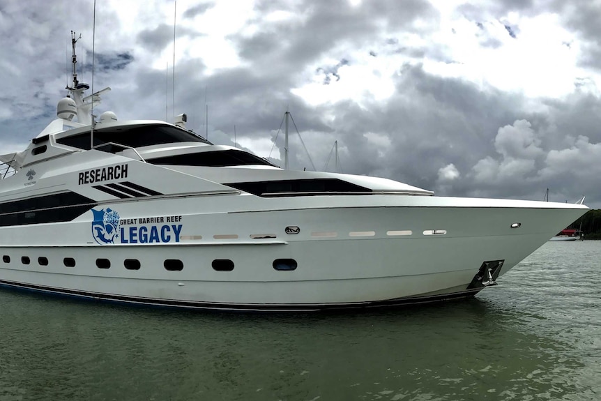 A boat, labelled "research" and "Great Barrier Reef Legacy".