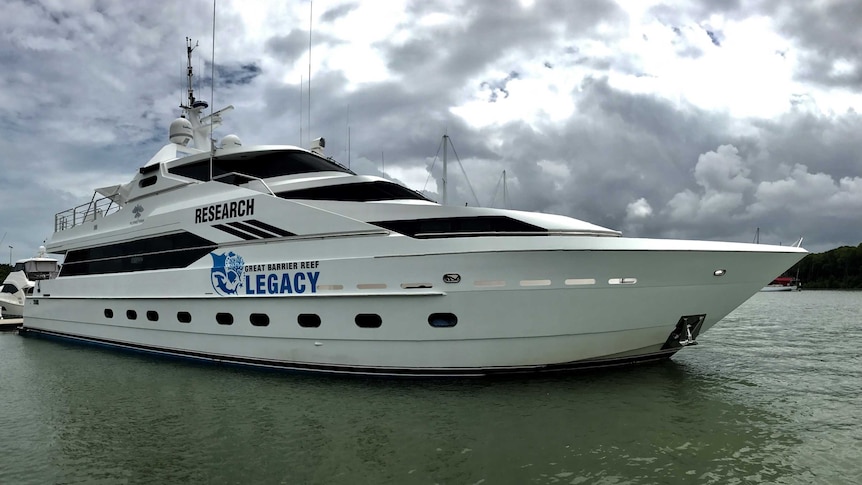 A boat, labelled "research" and "Great Barrier Reef Legacy".