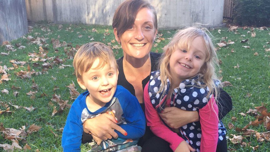 Domestic violence survivor Jen Armstrong with her children Isabelle and Harvey.