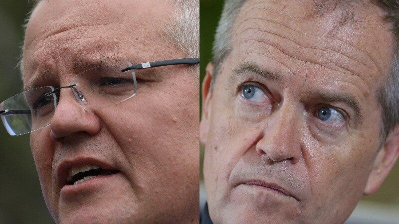 A composite image shows Prime Minister Scott Morrison and Opposition Leader Bill Shorten during respective campaign events