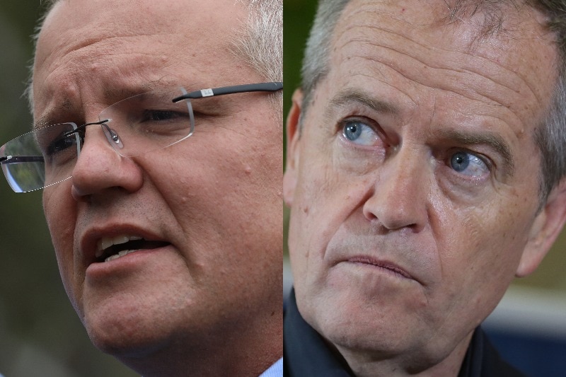 A composite image shows Prime Minister Scott Morrison and Opposition Leader Bill Shorten during respective campaign events