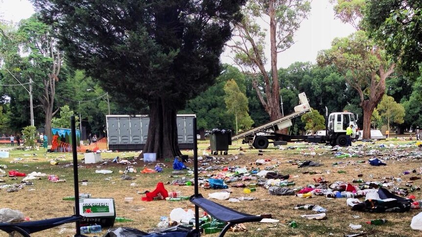 Rubbish scattered at Edinburgh Gardens in Melbourne following an out-of-control party on New Year's Eve.