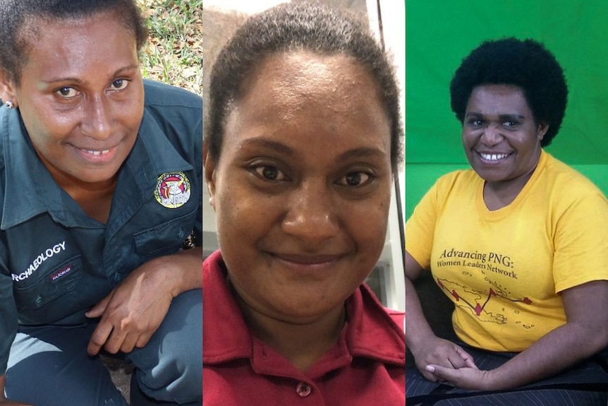 A composite image shows three women, one kneeling in uniform that says ARCHAEOLOGY, one in close-up, and one smiling in yellow 