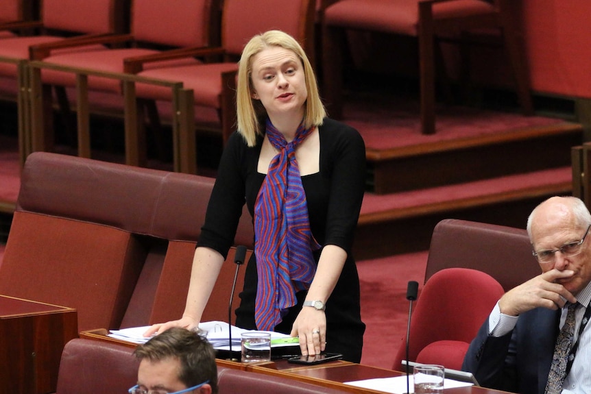 Amanda Stoker leans on her desk as she speaks in the Senate