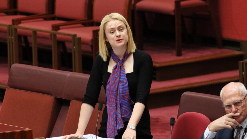 Amanda Stoker leans on her desk as she speaks in the Senate