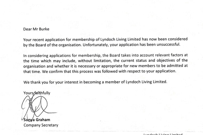 Letter in black and white denying Lyndoch membership to Mr Burke.