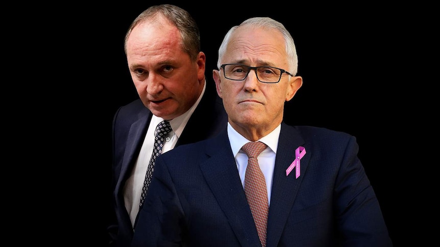 Deputy Prime Minister Barnaby Joyce and Prime Minister Malcolm Turnbull on a black background.