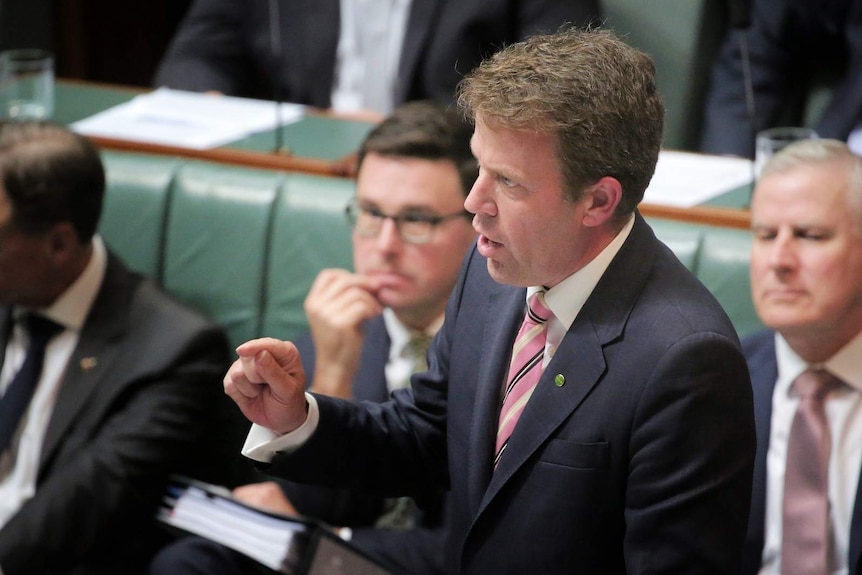 Dan Tehan stands up in Parliament and speaks.