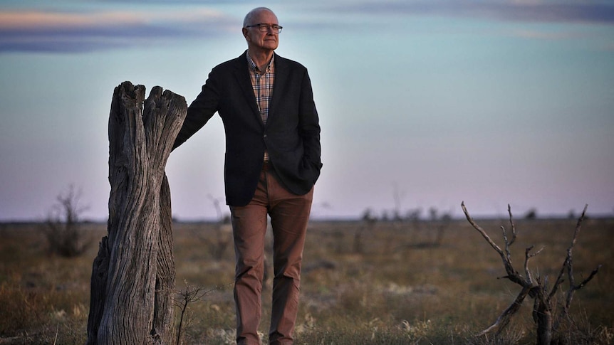 Ross Garnaut leans on a dead tree.