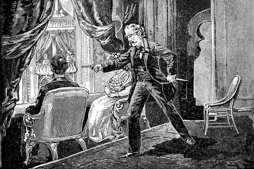 A black and white engraving depicting the moment in which Booth steps into Lincoln''s box to assassinate him.