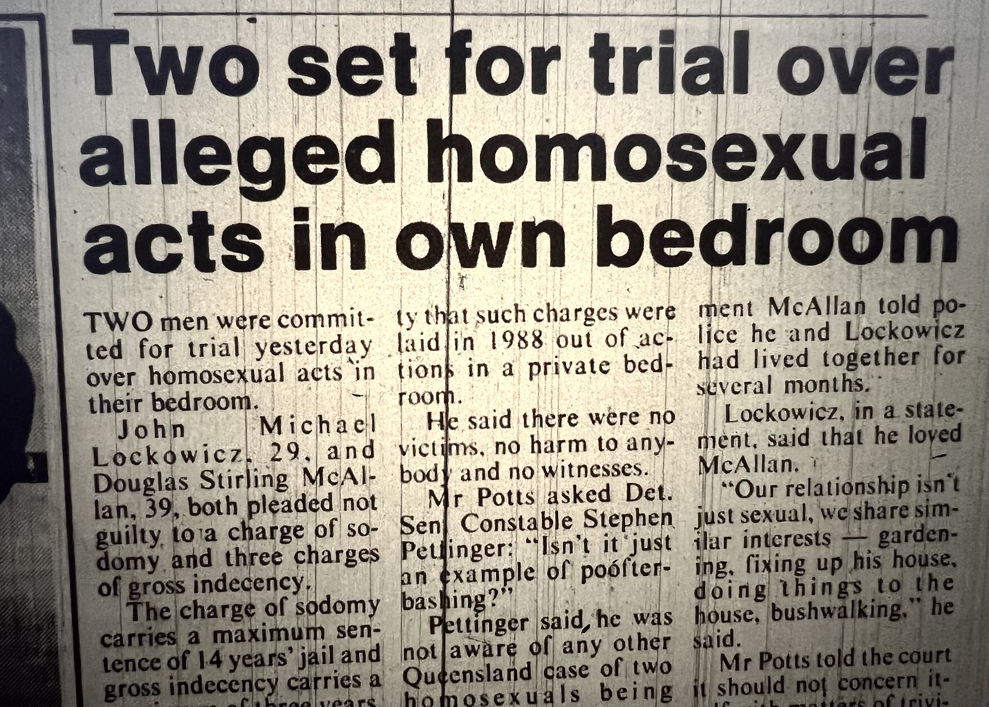 Newspaper clipping of pair charged for homosexual acts