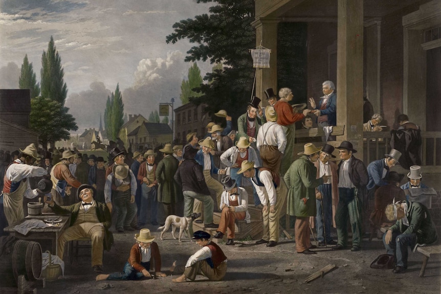 A painting of men talking, waiting and drinking to vote outside a building one has his hand on a bible casting his vote.