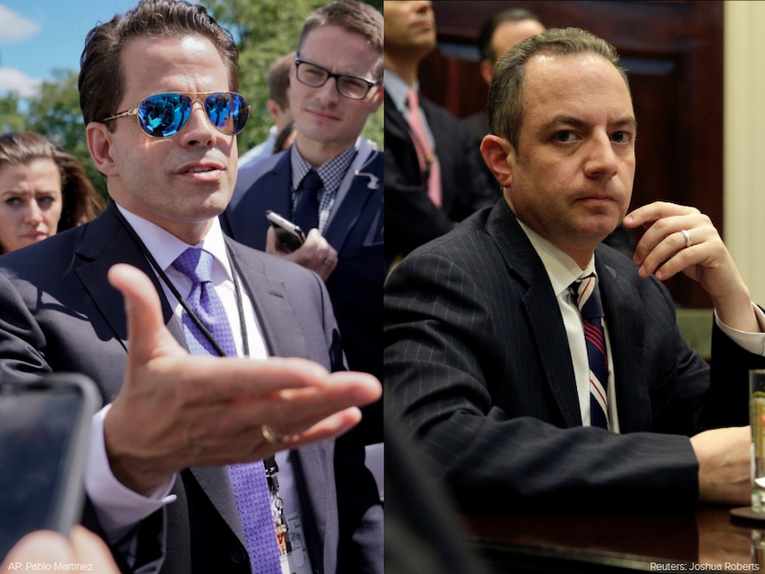 Left: Scaramucci surrounded by press. Right: Priebus in a meeting