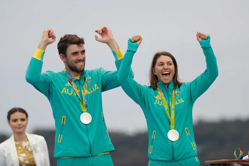 Jason Whitehouse and Lisa Darmanin celebrate silver