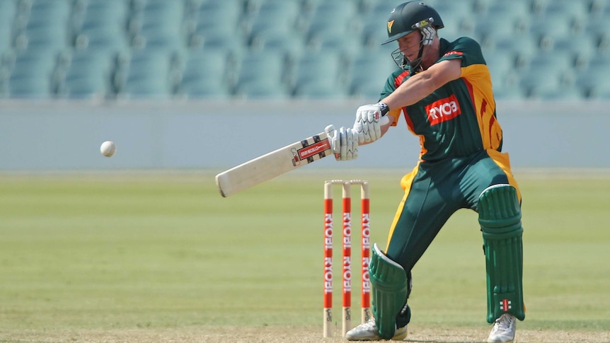 Tigers all-rounder James Faulkner bats for Tasmania against South Australia at Adelaide Oval.
