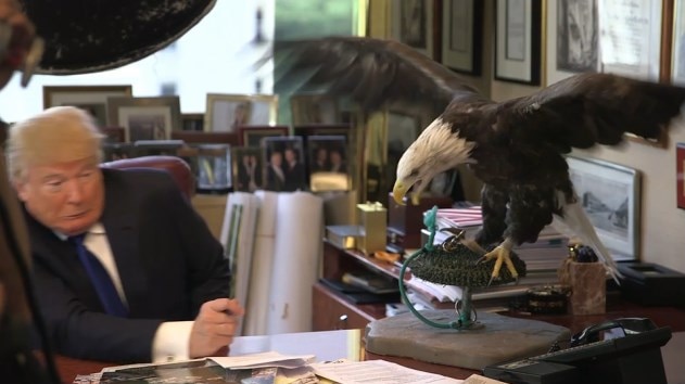 Donald Trump dodges an attack from a bald eagle named Uncle Sam