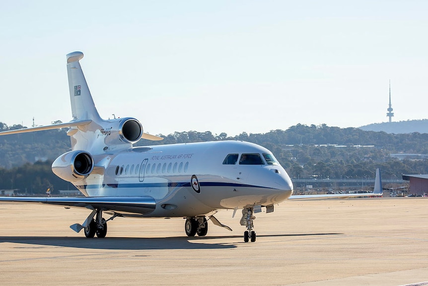 A Royal Australian Air Force jet sits on a tarmac in Canberra