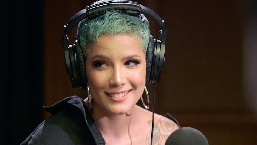 A close-up shot of Halsey being interviewed in the studio for triple j Breakfast