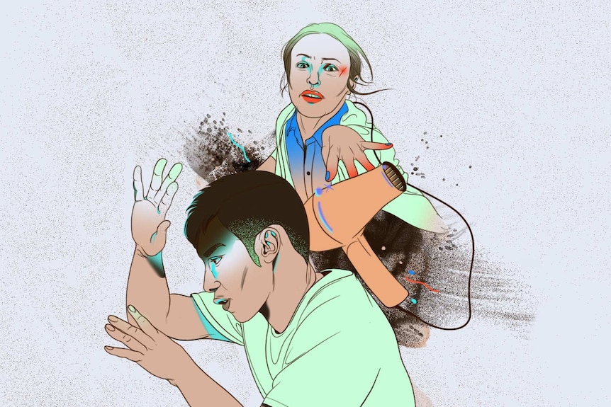 An illustration shows a couple involved in a physical struggle.