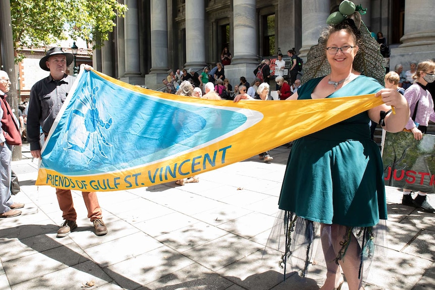 A man and a woman hold a banner saying "Friends of St Vincent" in front of a crowd on the steps of SA's Parliament House.