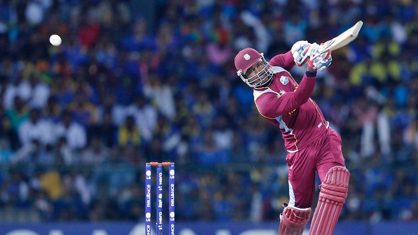 Marlon Samuels smashes another big hit for the West Indies in the World Twenty20 final against Sri Lanka.