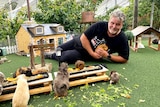 A man in a black t-shirt lies on the grass and feeds guinea pigs on a miniature picnic table