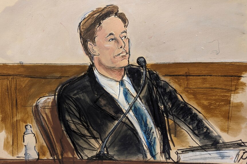 A court sketch of Elon Musk testifying. 
