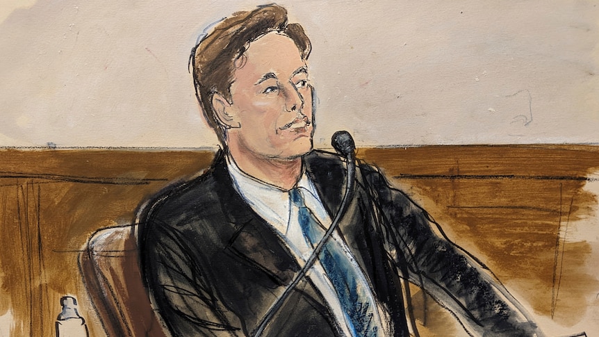 A court sketch of Elon Musk testifying. 