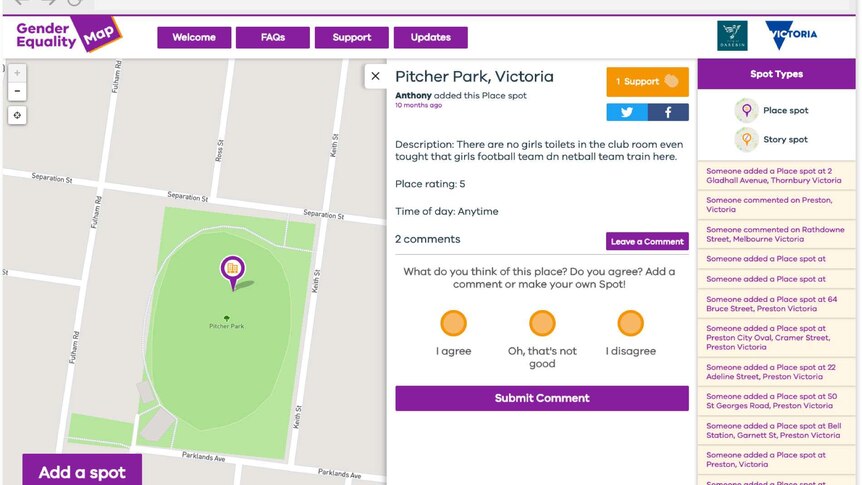 A web-app interface showing a GPS map of a park with a pin dropped in the centre.