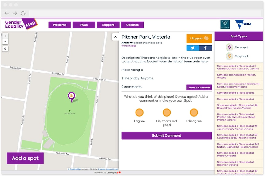 A web-app interface showing a GPS map of a park with a pin dropped in the centre.