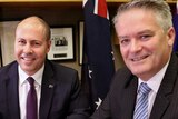 Treasurer Josh Frydenberg and Finance Minister Mathias Cormann smile at the camera while sitting at a desk with the Budget.