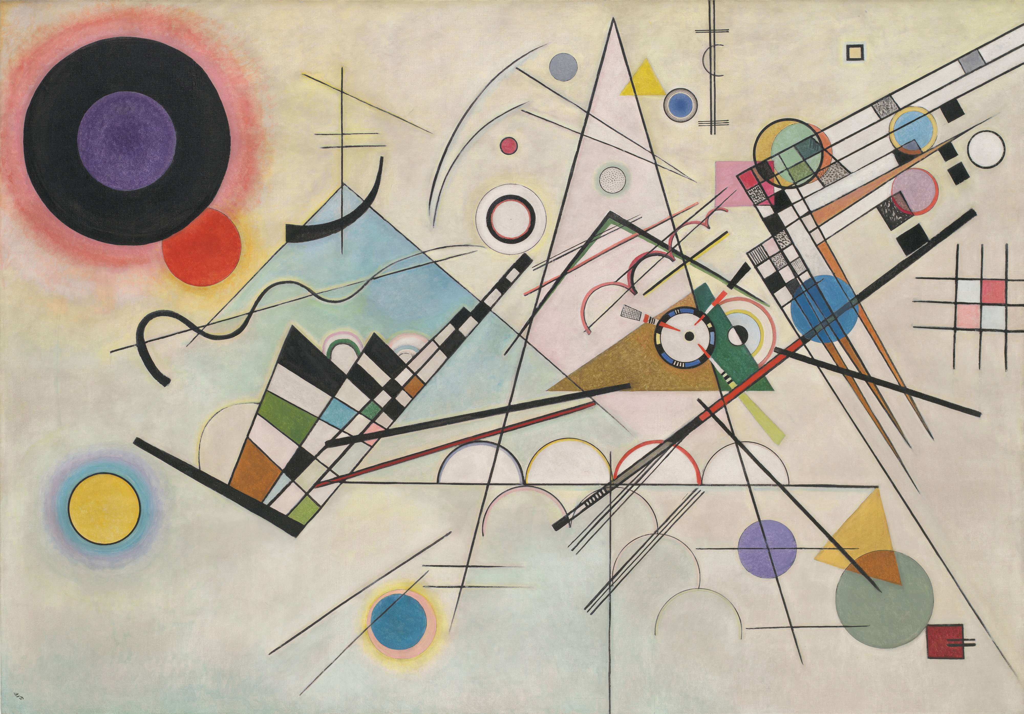 Kandinsky's painting Composition 8, which feature an array of coloured geometric shapes seemingly floating in space.