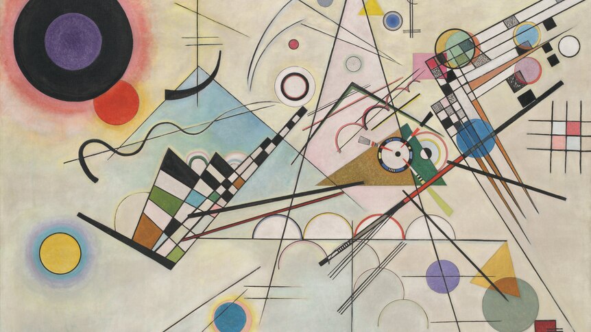 Kandinsky's painting Composition 8, which feature an array of coloured geometric shapes seemingly floating in space.