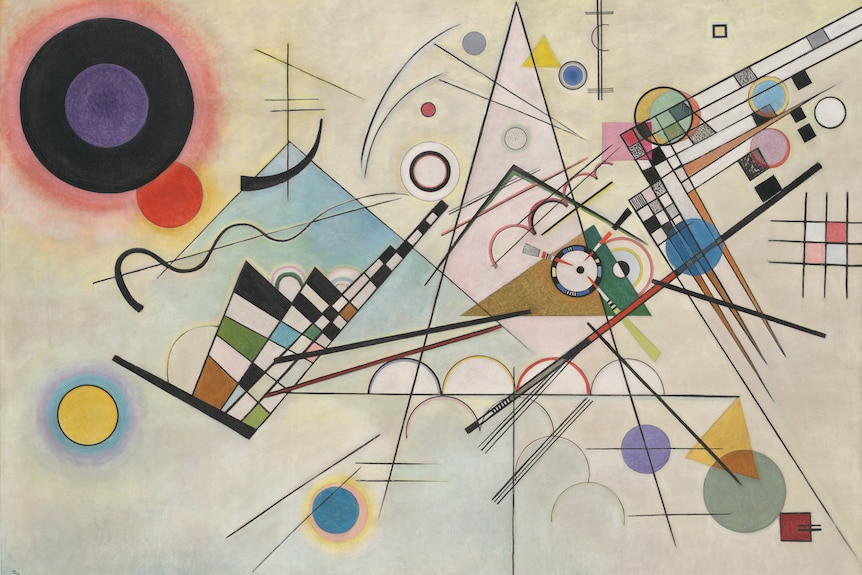 Kandinsky's painting Composition 8, which feature an array of coloured geometric shapes seemingly floating in space.