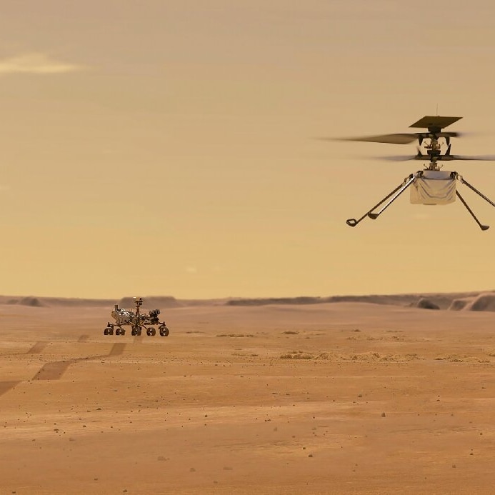 An illustration of NASA's Ingenuity helicopter hovering over the surface of Mars with the Perseverance rover in the background