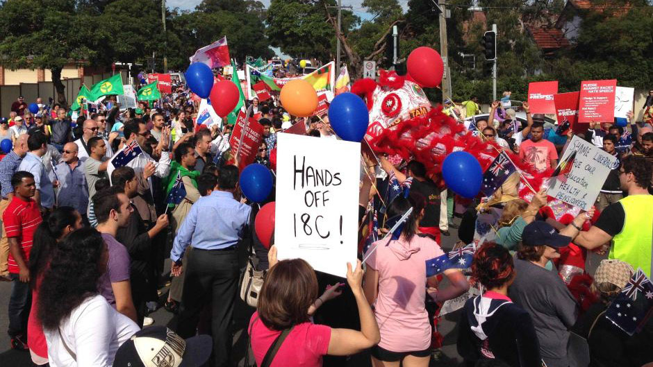 Protesters march through Lakemba in Sydney's south-west to oppose proposed changes to the Racial Discrimination Act