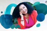 An image of composer Elena Kats-Chernin with stylised musical notation overlayed in tones of teal.