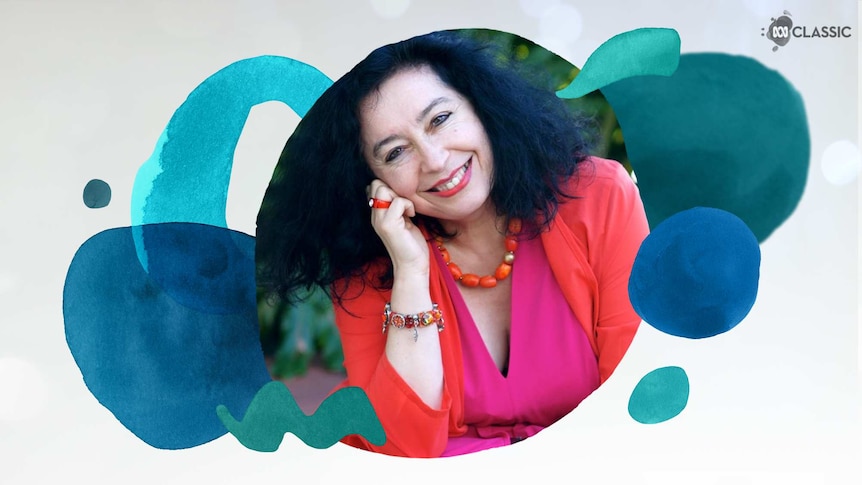 An image of composer Elena Kats-Chernin with stylised musical notation overlayed in tones of teal.