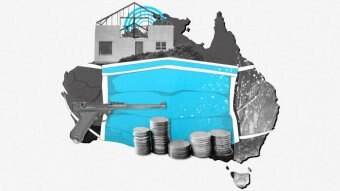 A collage of Australia including a gun representing the buyback scheme, damage from cyclone tracy and bushfires.