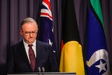 Anthony Albanese speaks in front of the Australian, Aboriginal and Torres Strait Islander flags inside parliament house