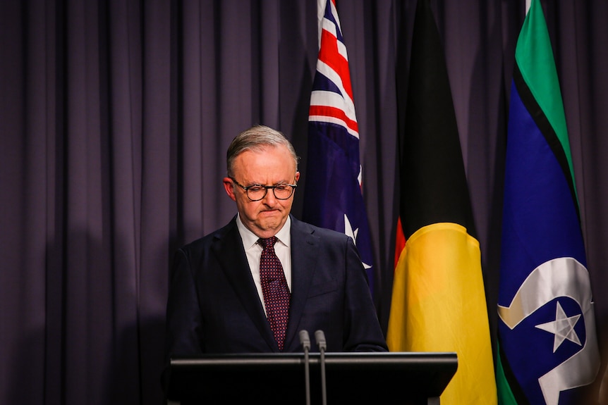 Anthony Albanese speaks in front of the Australian, Aboriginal and Torres Strait Islander flags inside parliament house