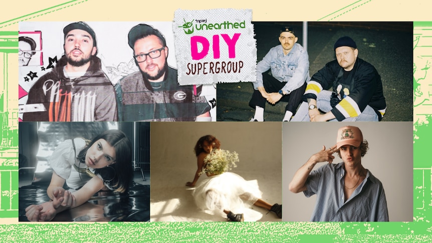 The five DIY Supergroup finalists - BESTIES, Dubbel Drop, Jack Gray, Awa Mbaye and Stocker - edited next to one another.