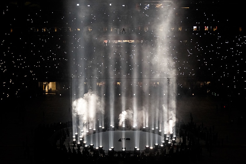 Kanye West 'flying' at the DONDA listening event at Mercedes-Benz Stadium in Atlanta, July 2021