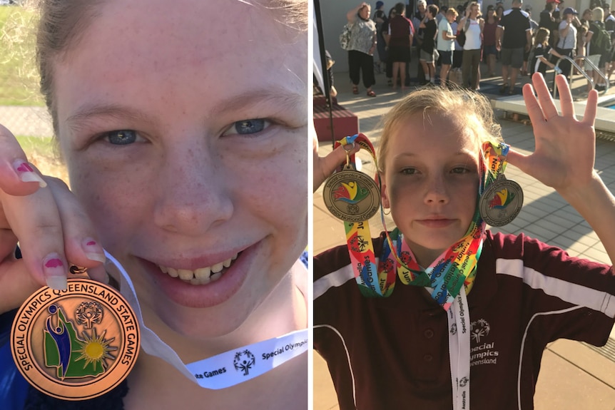 A collage of two pictures of Ariana and Ainslie holding up their medals by a pool.