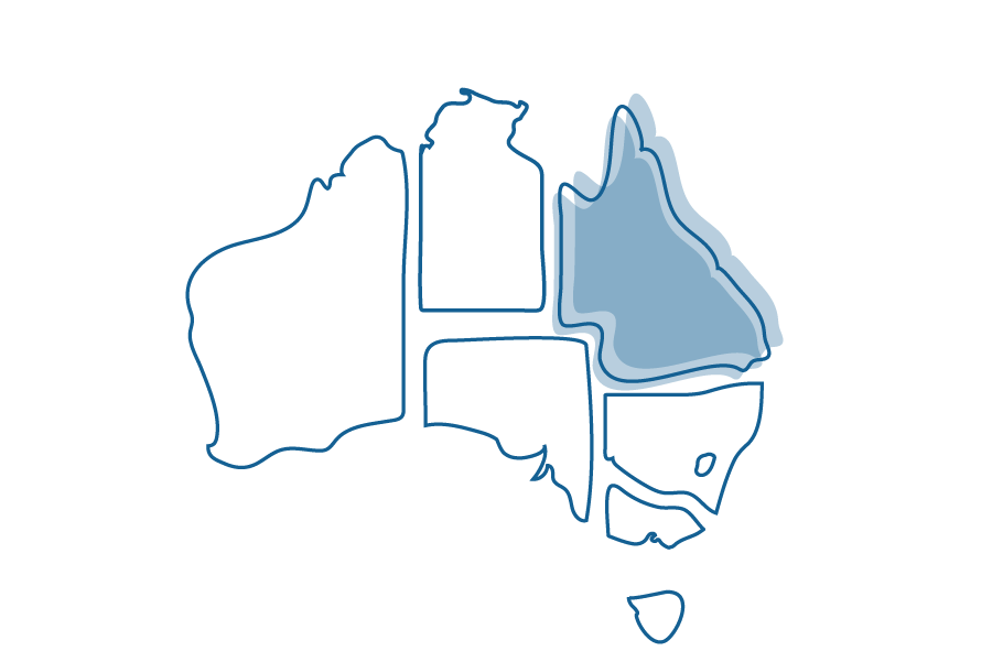 An illustration of a map of Australia that shows Queensland highlighted.