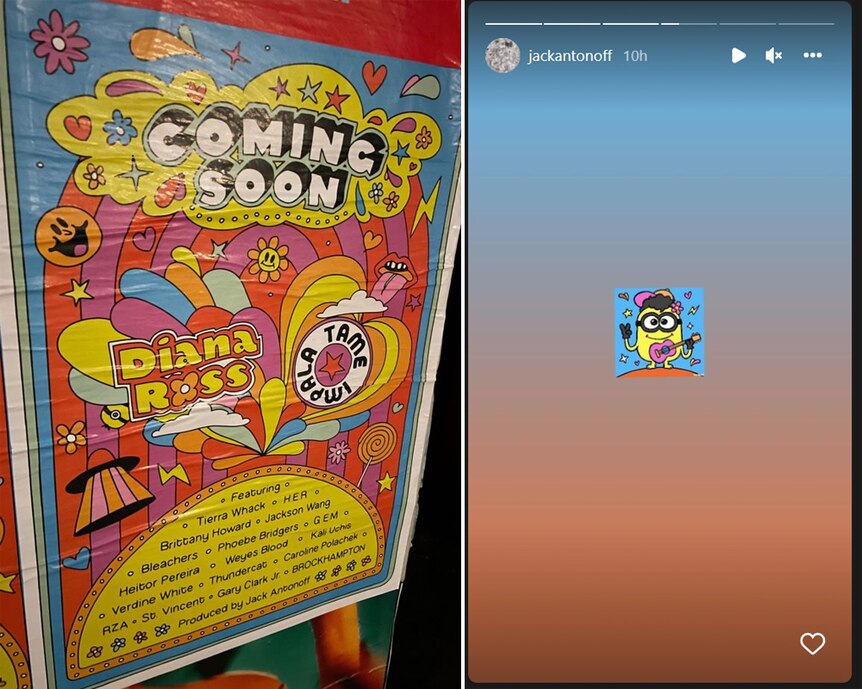 A poster believed to be for a new Minions movie soundtrack, and a screencap of a Minion from producer Jack Antonoff